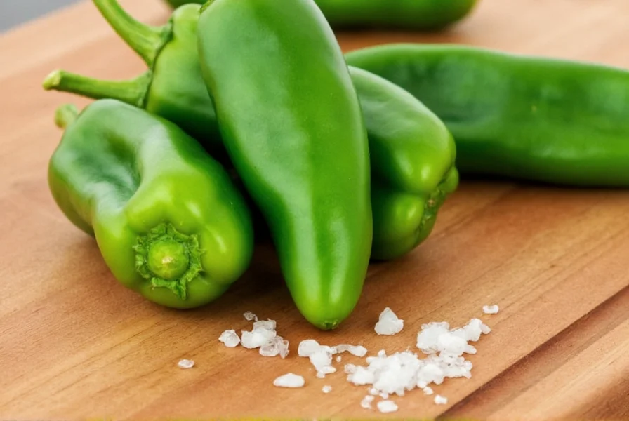 Fresh shishito peppers on wooden cutting board with sea salt