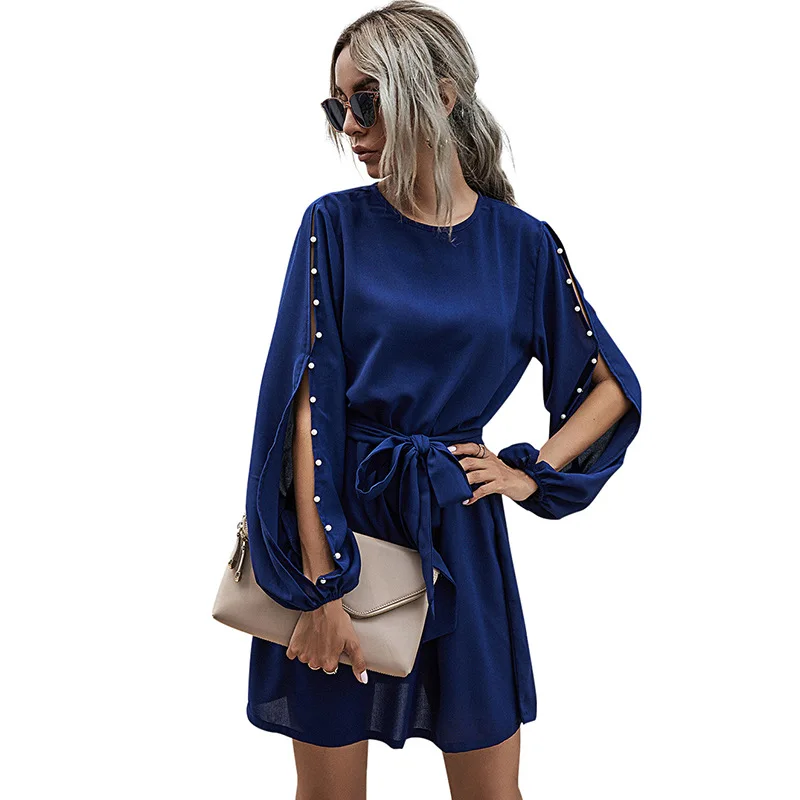 

2020 New Arrival Women Autumn winter Long Sleeve with belt bubble sleeve dress women casual dresses