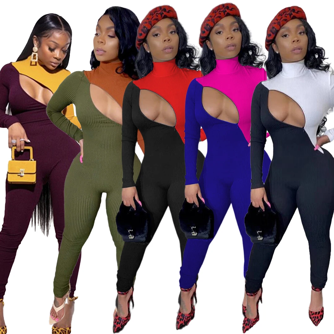 

Plus Size Zipper Open Front Contrast Color Women Bodycon Corset one piece Jumpsuit Rompers Womens Jumpsuit, 5 colors