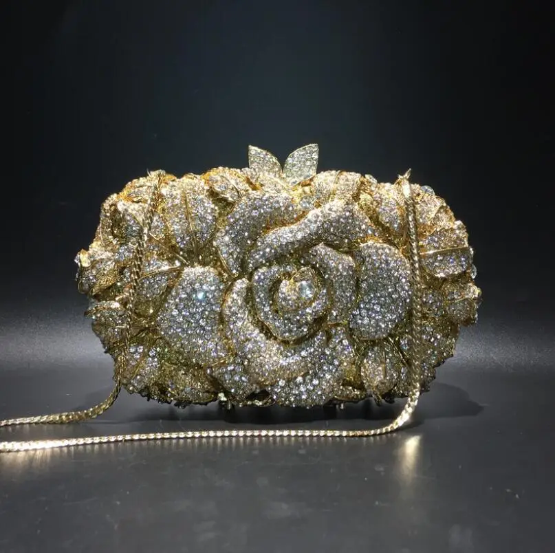 

High End Wedding Bridal Sparkle Flower Clutch Bags Hardcase Full Crystal Bag Rhinestone HandBag, Colorful