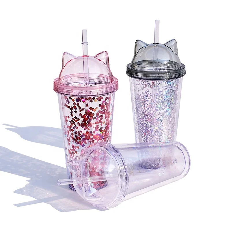 

2021 Kids gifts sequin glitter plastic cute cat ear water bottle for girls