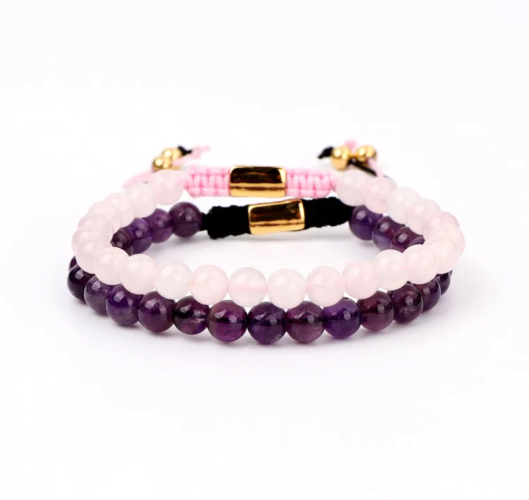 

fashion natural gemstone rose quartz amethyst stone bead women bracelet set