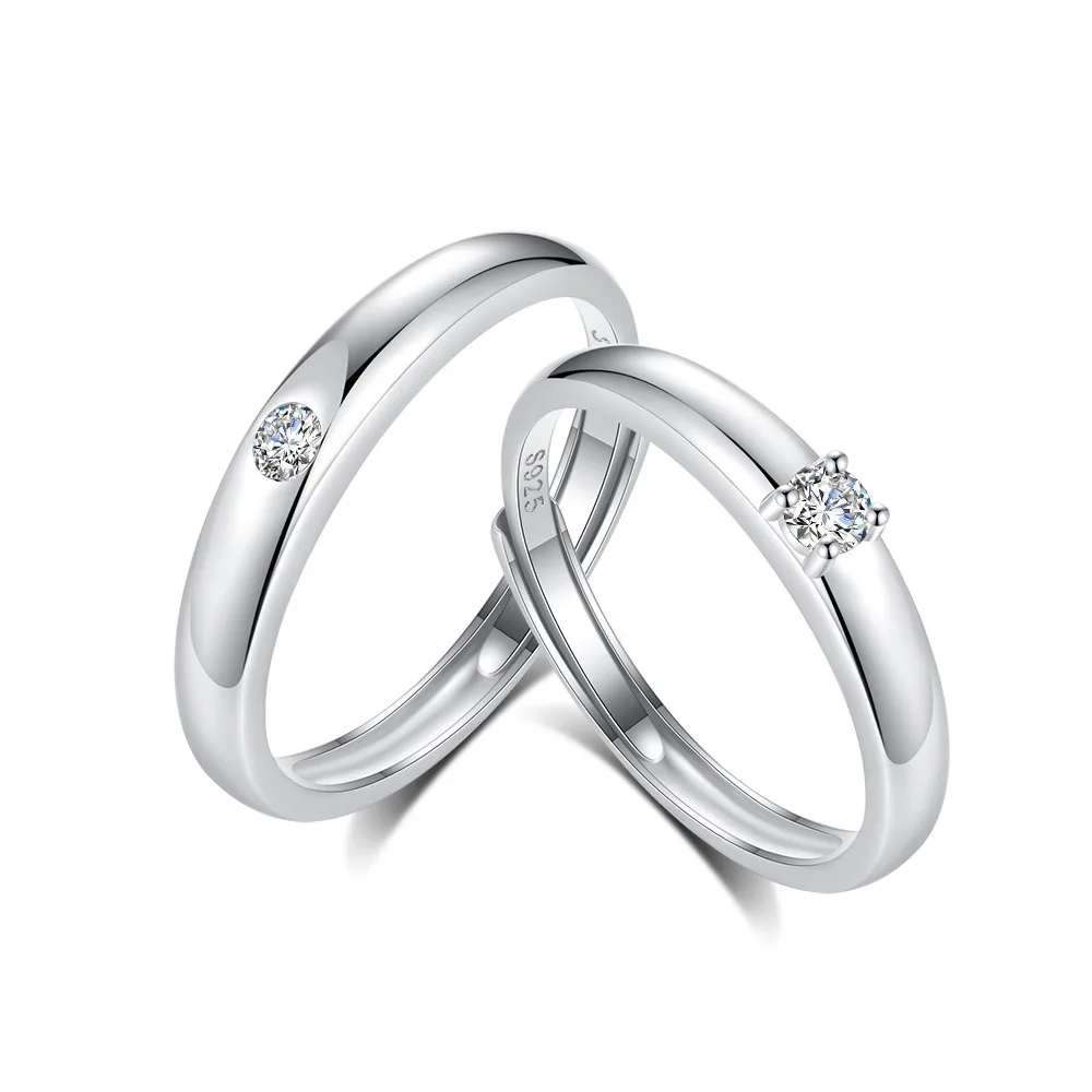 Original Simple Wedding Engagement Single Diamond Couple Ring 925 Sterling Silver Men Women Free Size Resizable Ring Set