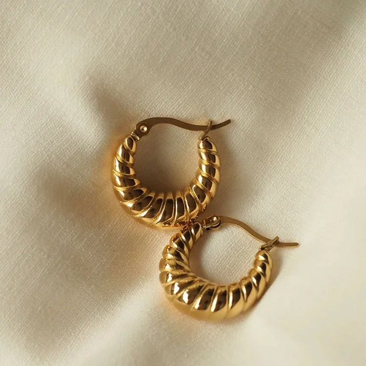 

Trendy Minimalist 18K Gold Plated Jewelry Earrings Stainless Steel Hypoallergenic Female Spiral Croissant Hoop Earrings, Gold, rose gold, steel, black etc.