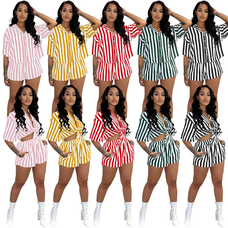 

Popular Casual Home Outfits Short Sleeve Loose Shirt Stripe Print Summer Women Two Piece Shorts Set