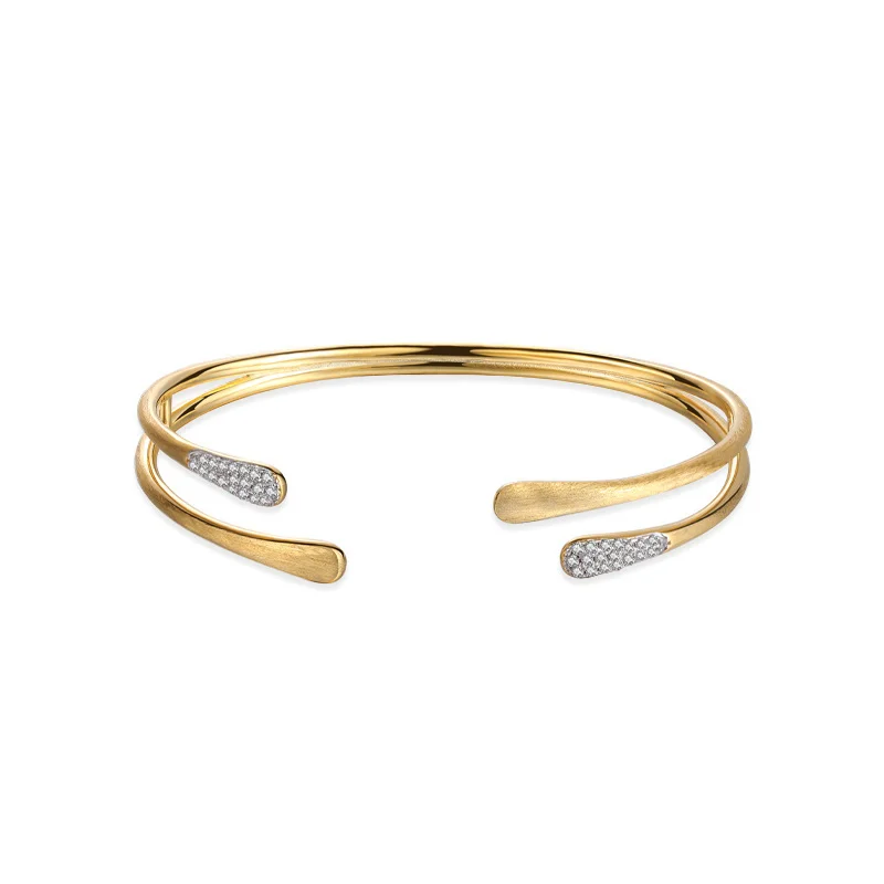 

New Trendy Women 925 Sterling Silver 18K Gold Plated Brushed Zircon Pave Fine Jewelry Open Bangle Adjustable