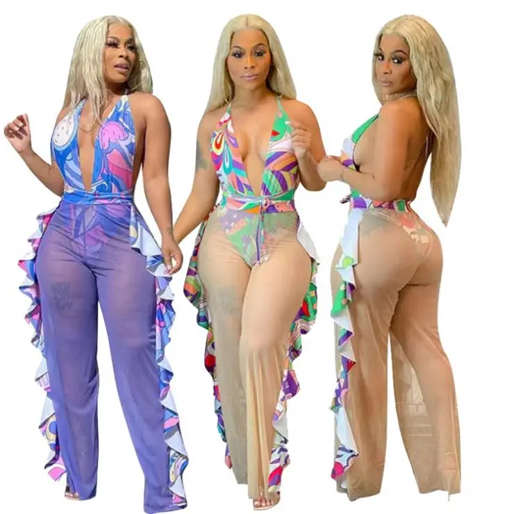 

2021summer printed sexy jumpsuit and see through pants mesh two piece set beachwear, Picture shows