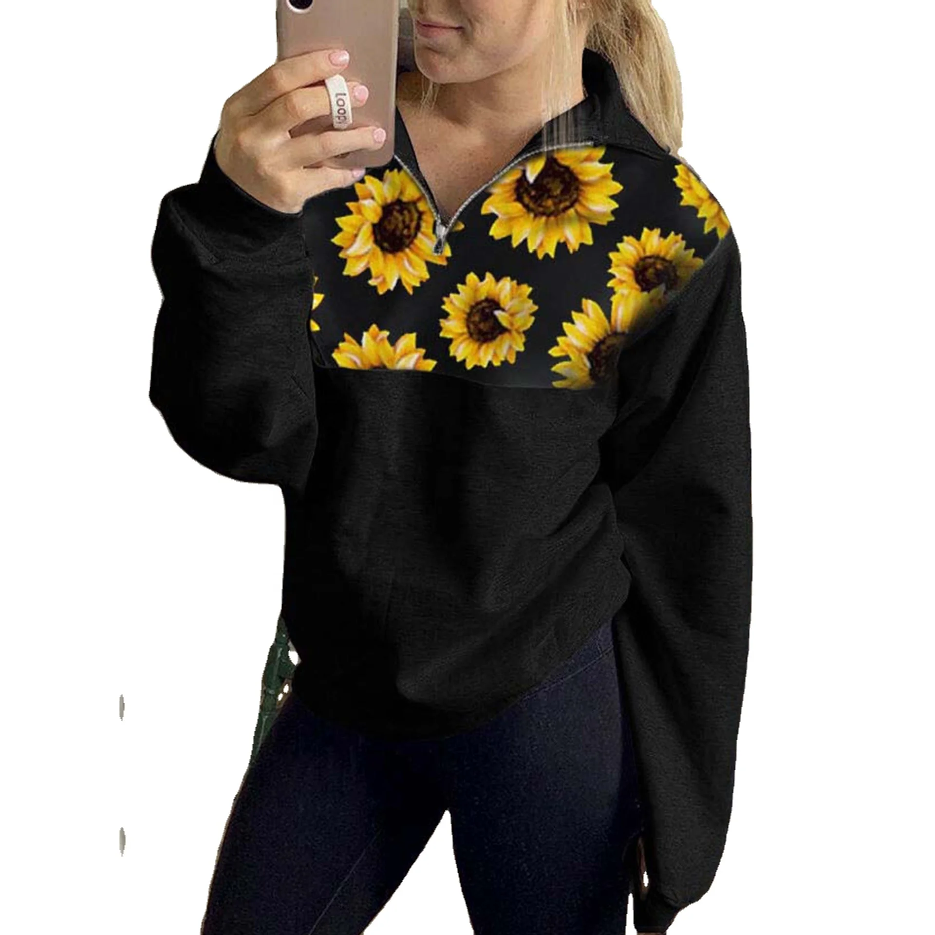 

Wholesale New Fashion Poly Casual Women Sport Top with Quarter Zipper Sunflower Women Hoodie, Picture color