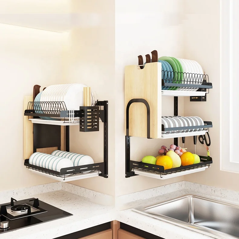 

Hot Selling 2/3 Tiers drainer stainless steel dish racks for cabinets Removable Adjustable Height Wall Dish Drain Drying Rack