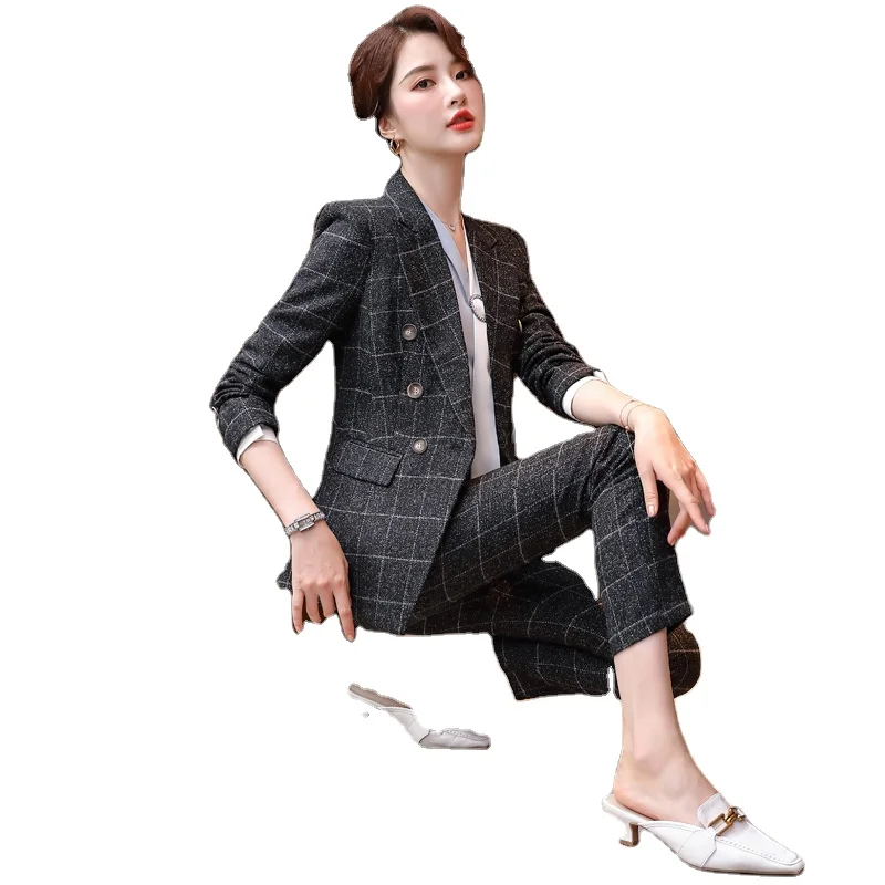 

Wholesale 2 Piece Set Tweed Suit Formal Pant Suit Plaid Blazer Office Lady Uniform Design Women Business Jacket and Trouser