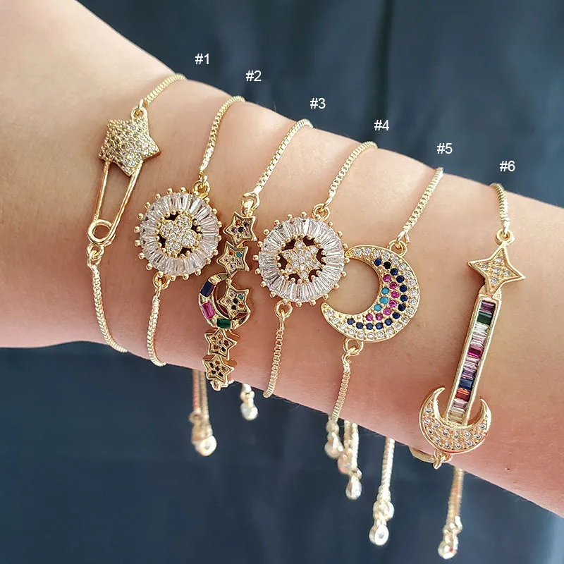 

BC1265 Fashion Gold plated Copper CZ Micro Pave wrist ladies adjustable moon and star charm women chain copper bracelet
