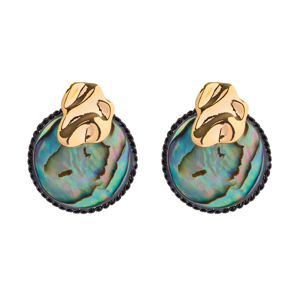 

New Trend 18K Gold Plated Brass Hammer Geometric Round Abalone Shell Stud Earring for Women