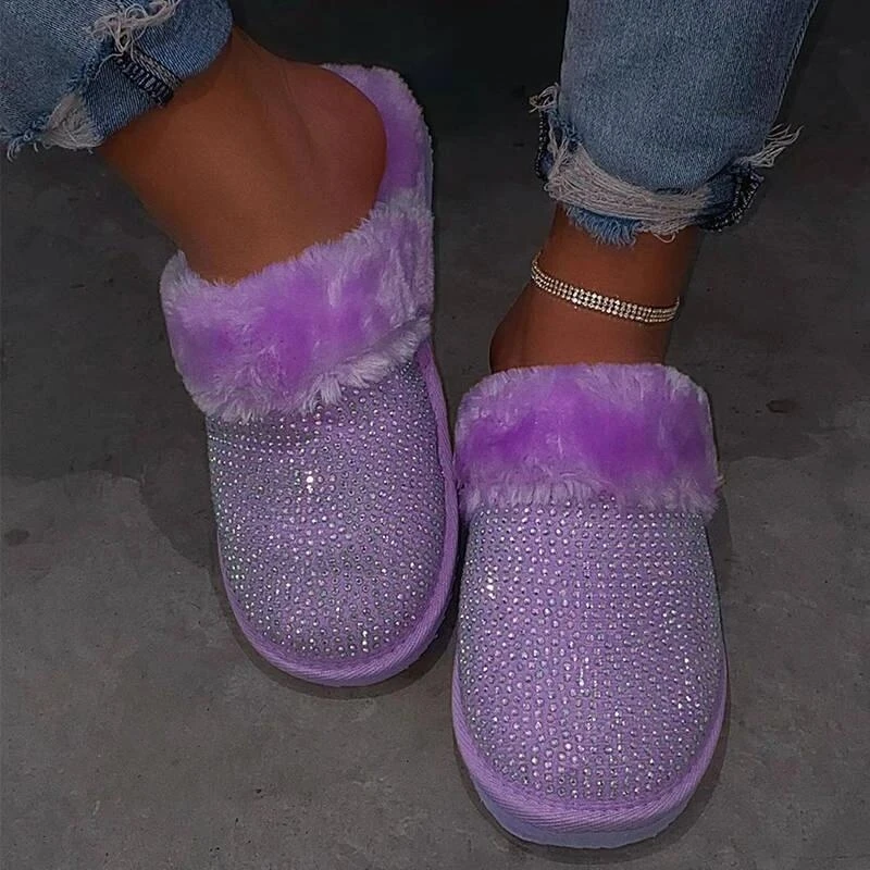 

2020 winter slippers with rhinestone hair drag autumn and winter new fashion warm women's slippers, Black, purple, green, pink