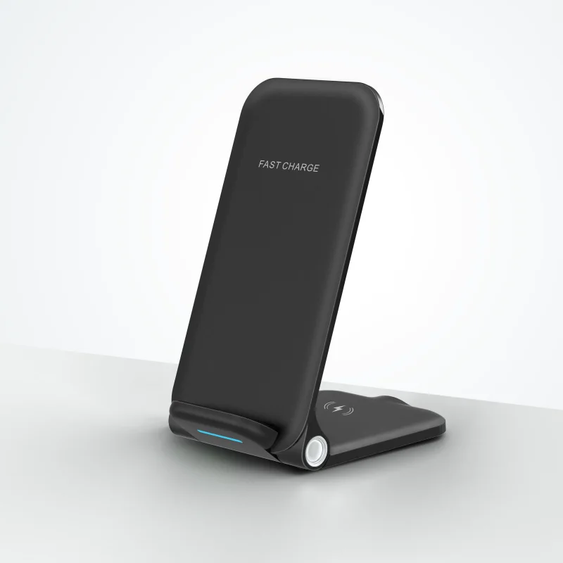 

new products 3 in 1 fast 15w folding desktop phone stand holder wireless charger for phone earbuds charging station, Black/white