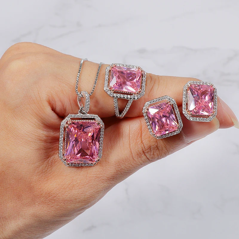 

S925 Silver Needle Gold Plated Earrings Rings Necklace Jewelry Set Hot Selling Pink Square Diamond Jewelry Set For Women