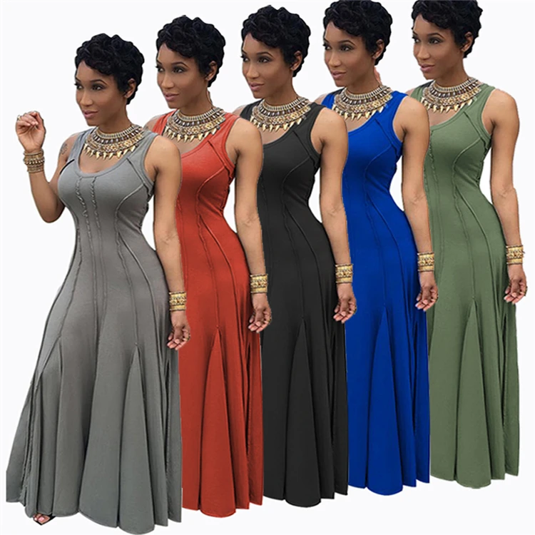

solid color plus size sleeveless cotton sexy maxi women dresses, As pictures show