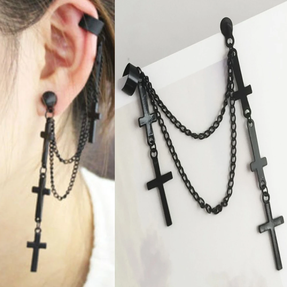 

2021 New Arrival Fashion Retro Black Cross Earrings Personality Hip Hop Multi-Layer Tassel Earrings Jewelry, Photo