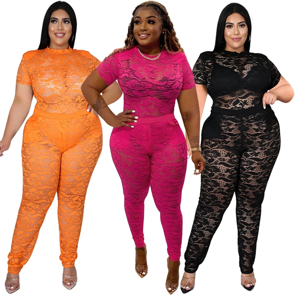 

Fast shipping 2022 Spring Sexy Nightclub Wear Pants Set Long Sleeve See-through Lace Bodysuit Women Plus Size Two Piece Set, Picture