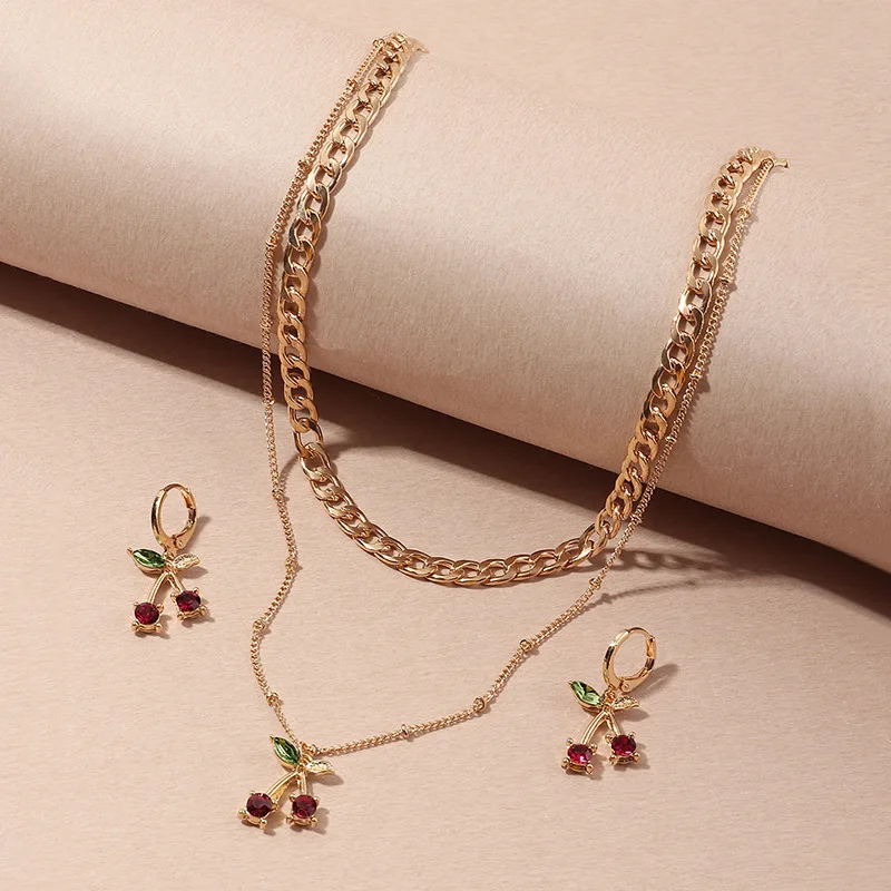 

2020 Cute Red Cherry Jewelry Set For Women Fashion Exquisite Fruit Pendant Necklace and Earring Sets Jewelry Party Gift