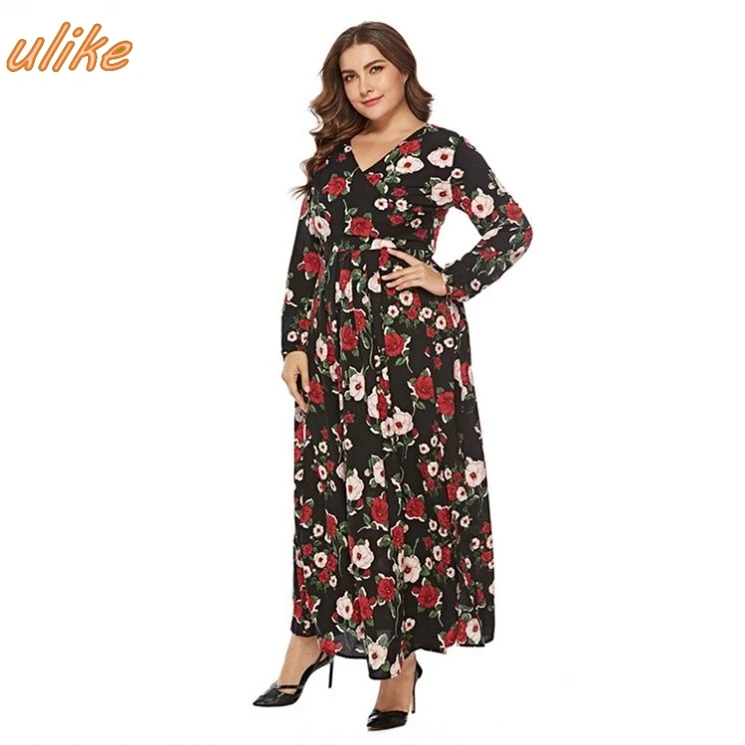 

long sleeve V neck floral print Women clothing plus size maxi dresses