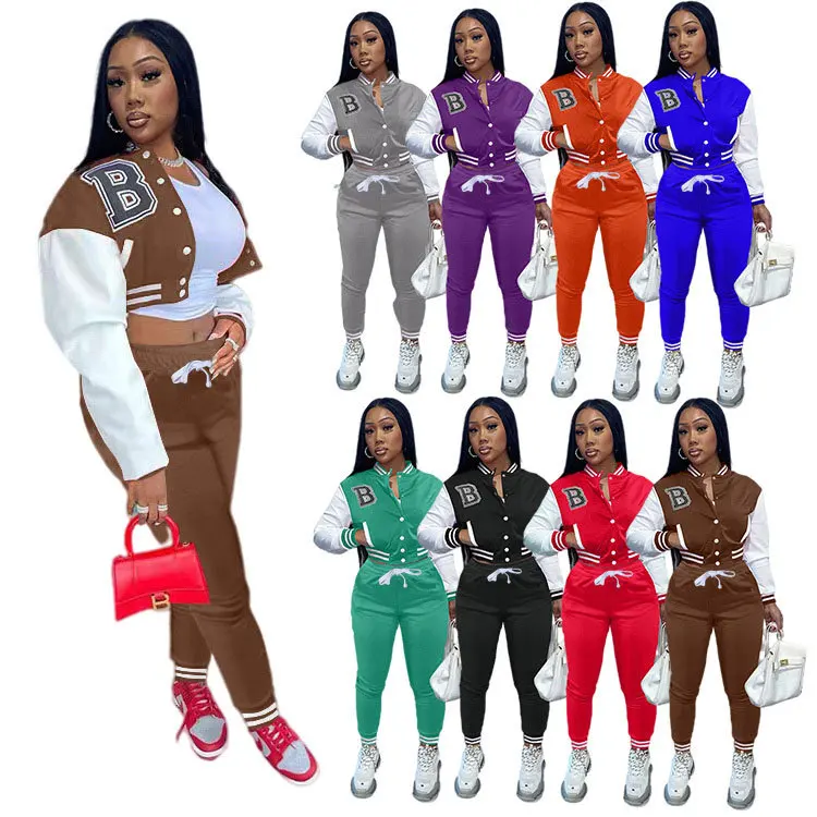 

2021 Casual Letter Print Gym Jogger Suit Ladies Fall Long Sleeve Crop Top Women Pant Baseball Coats Jackets Clothing 2 Piece Set, Picture color