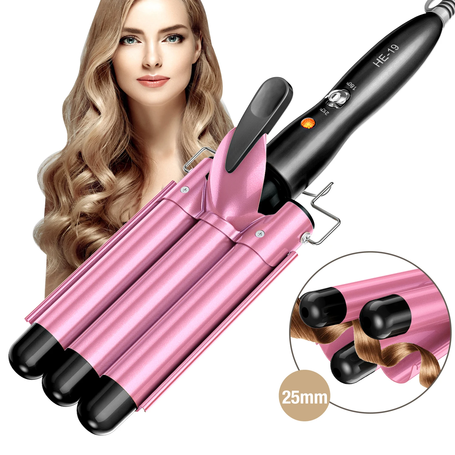 

Professional & Home Use Triple Barrel Hair Curler PTC Heater Bestope Hair Curling Iron Ceramic Hair Iron Curler, Pink