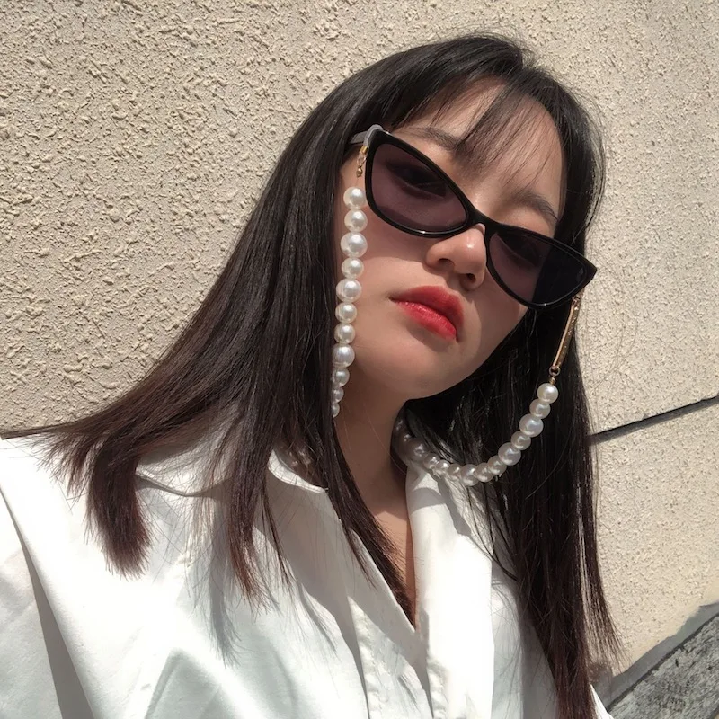 

Fashion Metal Square Brand Glasses Chain Artificial Pearl Sunglasses Link Asymmetric Eyeglasses chain, White