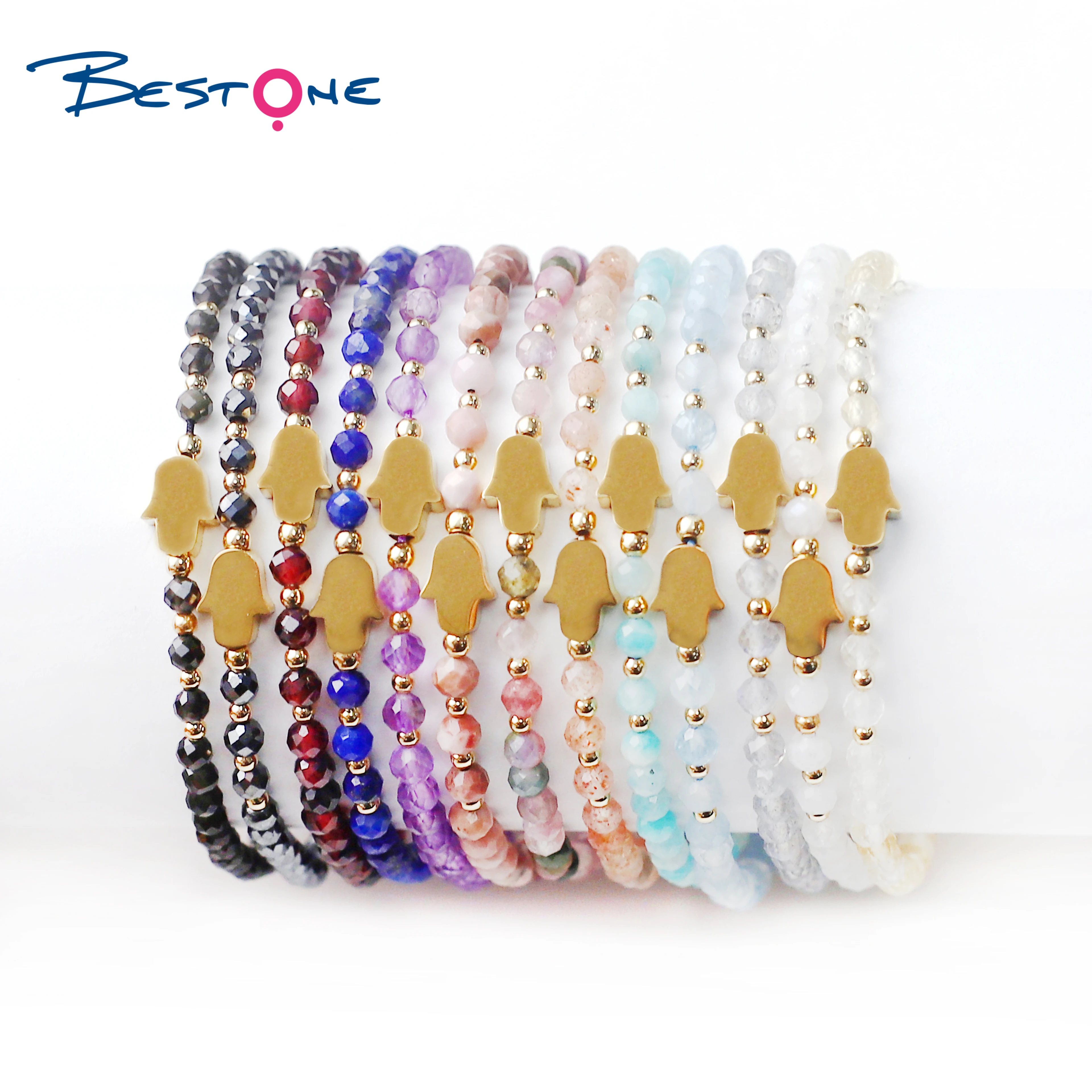 

Bestone Gemstone Bracelets Custom Beads Adjustable Braid Rope Healing Bracelet 3mm Beaded Bracelet Natural Stone for Women