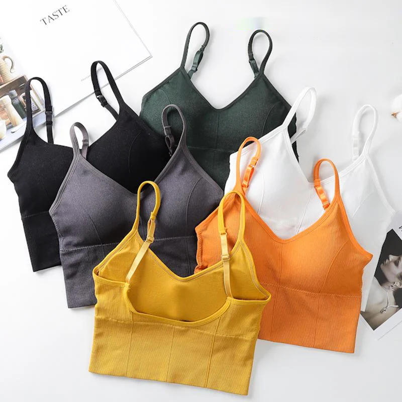 

2021 Dropshipping Wholesale Custom Logo seamless young lady ribbed bra top workout wireless crop top bra women with Pad, Multi color