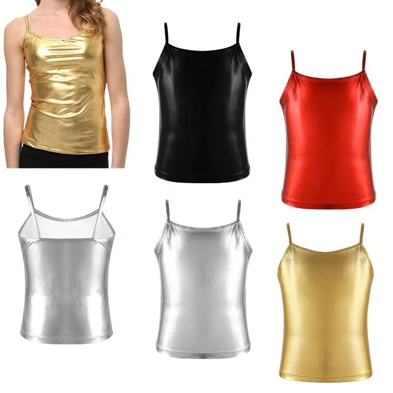 

Big Girls Spaghetti Shoulder Straps Shiny Color Camisole Dance Competition Stage Performance Tank Top