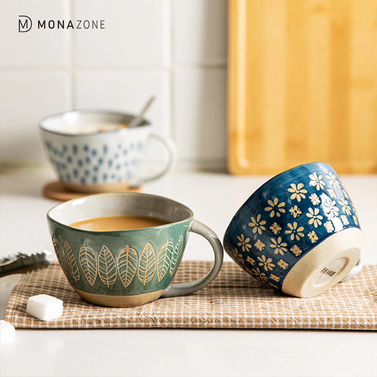 

MONAZONE 310ml Japanese Vintage Ceramic Mug Handgrip Cup For Breakfast Milk Oatmeal Coffee