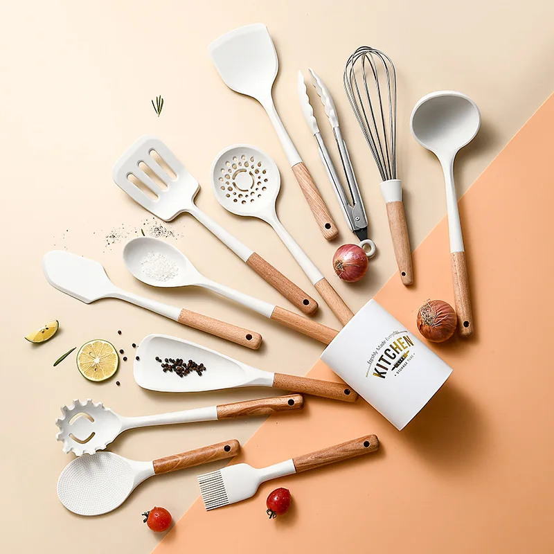 

12 Pieces New Cream Wooden Handle Silicone Kitchen Set Non-Stick Cooking Spatula Cooking Set, White