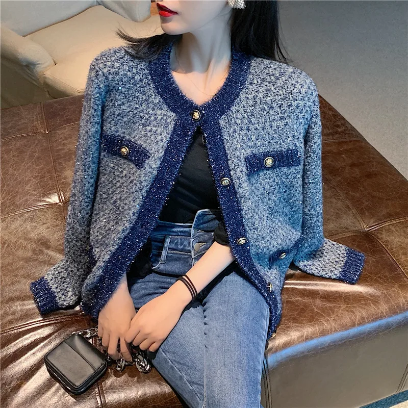 

wholesale custom size Bright silk knitted cardigan with button long sleeve short top sweater