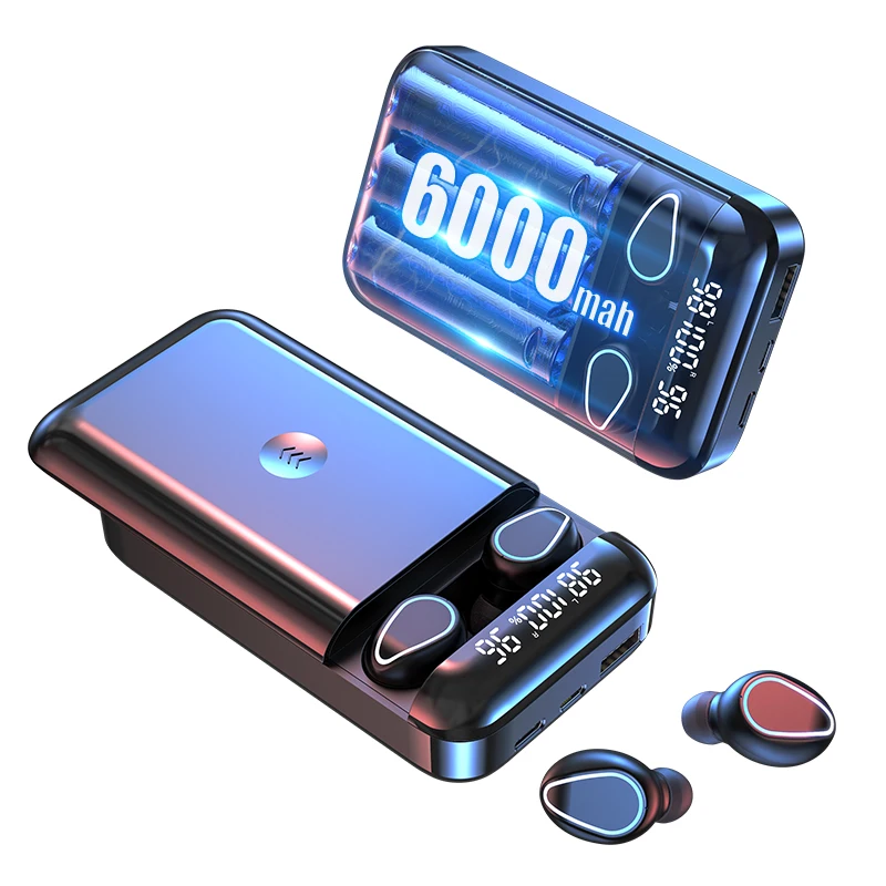 

High quality X38 Wireless headset Bluetooth charging case earphone with power bank 6000mAh and button control sport Ear buds, Black/red/blue