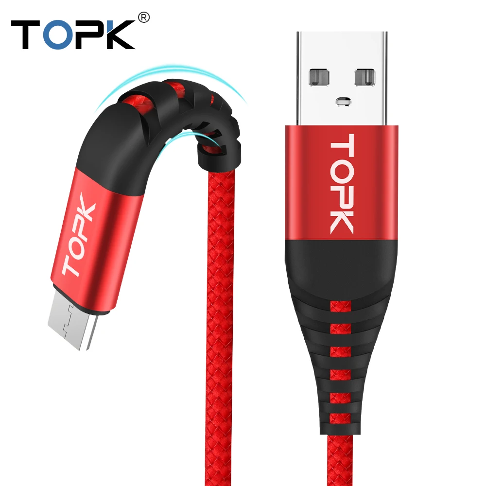 

1M TOPK 2.4A Fasting Charging USB Micro Cable High Tensil Fast Charging Phone Cable for Xiaomi Samsung for Huawei USB 5Pin Cable, Black/red