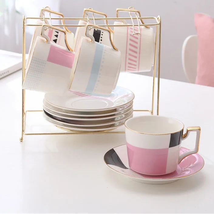 

European Ceramic Tea Set Geometric Pattern Coffee Tea Cup Set Ceramic Mug