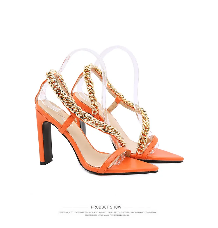 

New custom shoes comfortable and fashionable metal chain pointed toe leather heeled sandals