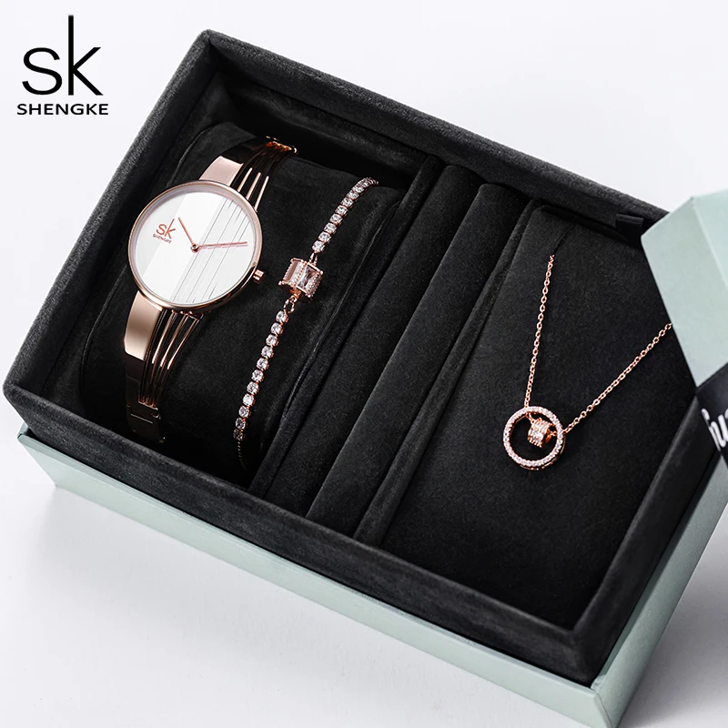 

SHENGKE Creative Alloy Watch Rosegold Bracelet Watch Girls Gift Box Watch Set With Necklace Bracelet