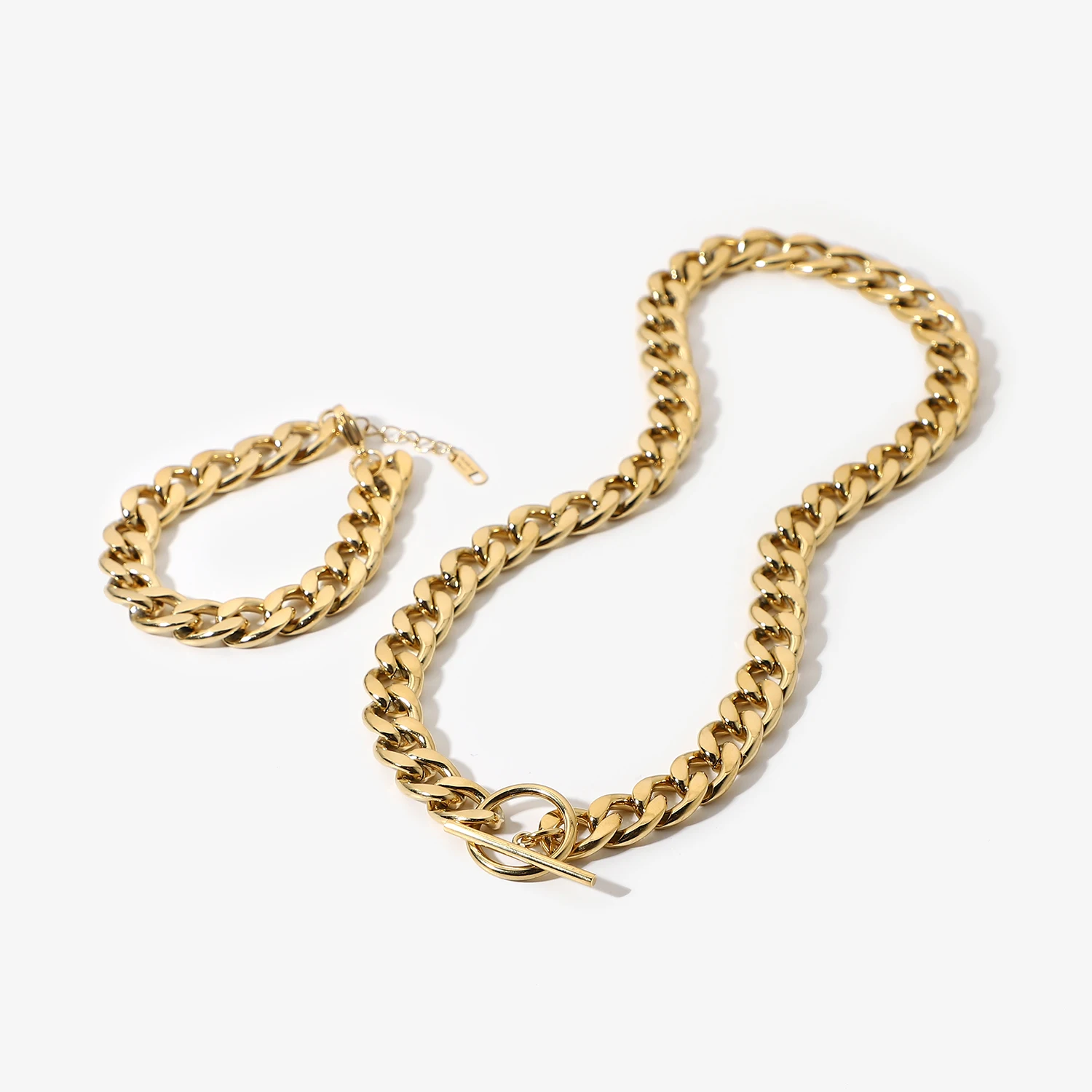 

Punk 11mm Thick Miami Cuban Chain Necklace Bracelets Chunky 14K Gold Plated OT Stick Buckle Stainless Steel Jewelry Sets
