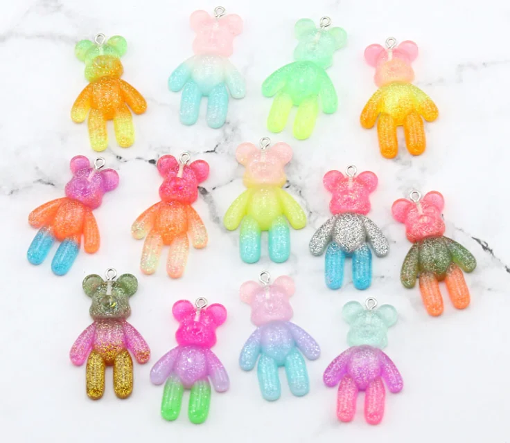 

plastic bear animal charms colorful resin bear pendant charms with glitter shiny resin bear charms for kids jewelry making, As picture