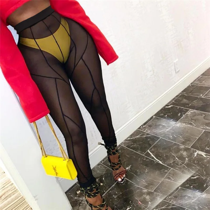 

Women Mesh Transparent Black Pants High Waist Sexy Patchwork Legging Body Shaping Baddie Style Trousers See Through Long Pants, Pink and blue