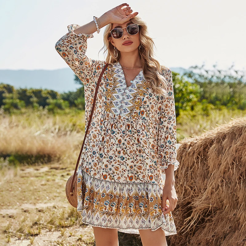 

Bohemian Print Dress New Women's V-neck Lotus Leaf Sleeve Loose PRETTY Steps 2021 Spring for Women Casual Dresses Lady Dresses