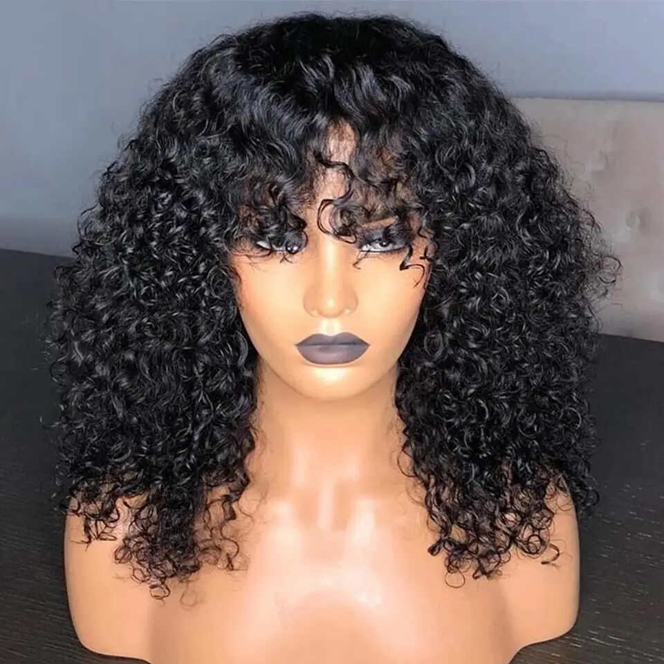 

Short Curly Peruvian Virgin Human Hair Lace Front Wig with Fringe 250% Density None Lace Wig with Bangs, 1 1b 2 4