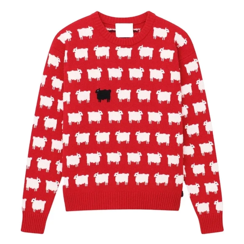 

Factory custom cricular jacquard knit diana black sheep sweater, Red