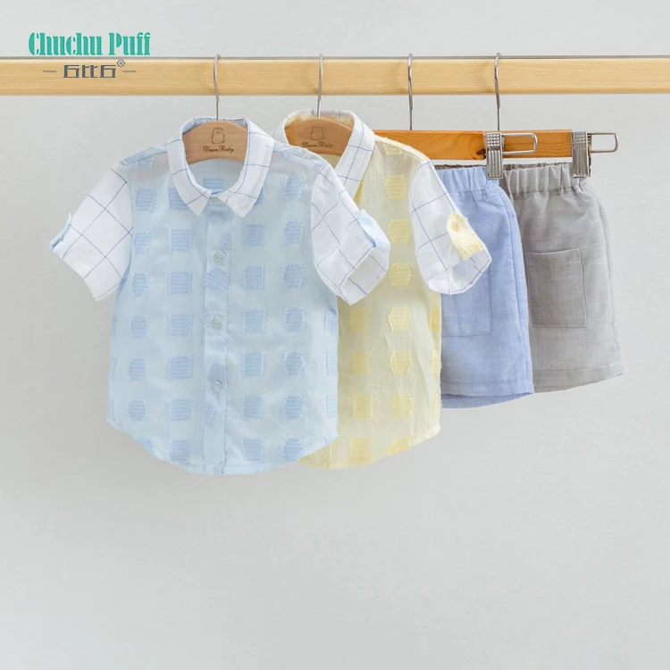 
2020 Summer top design 100 cotton short sleeve striped plaid baby boy shirt kids shirt 