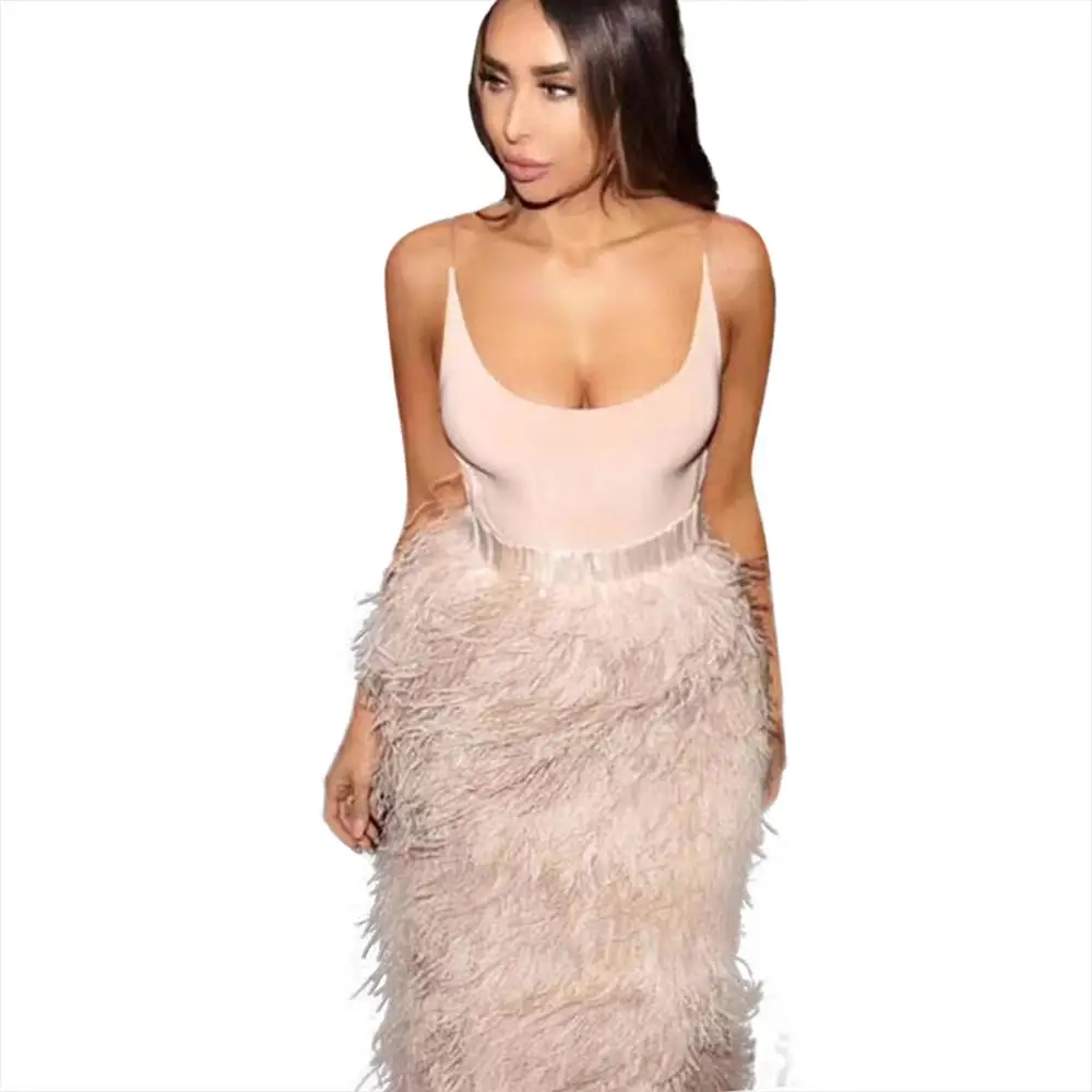 

Luxury Feather Spaghetti Strap Bandage bodycon dress BEIGE PARTY DRESS F2000