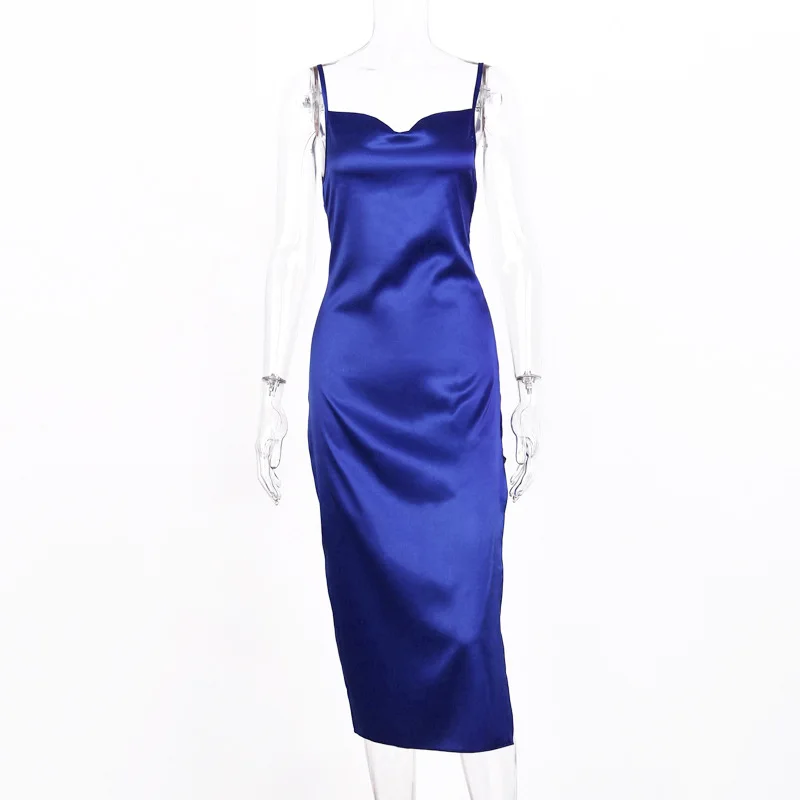 

2021 Women Summer Strap Split Blue Satin Silk Casual Dresses Women