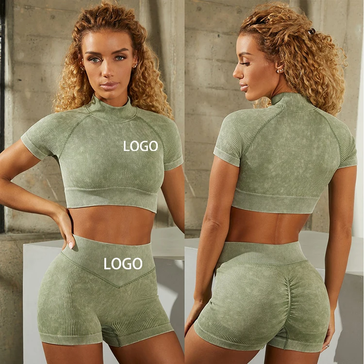 

New workout clothing women two piece butt lift yoga set gym seample fitness ribbed yoga set, Customized colors