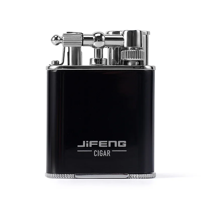 JIFENG 086 black and chrome double jet flames flint gas refillable cigar lighter with punch