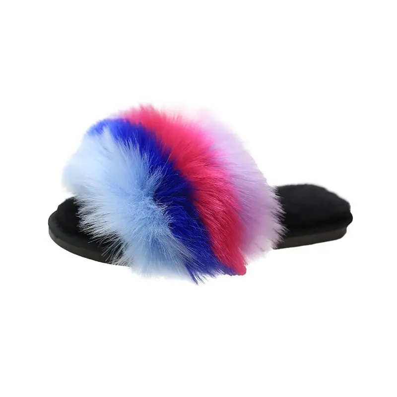 

Luxury Fur Slippers Female Plush Flat Sole Outdoor Anti Slip Slipper, As picture